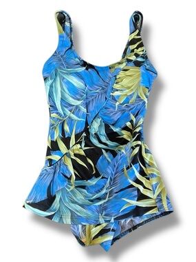 Slimming Swimsuit Tropical Floral Print One Piece Bathing Suit Blue Green Size 8